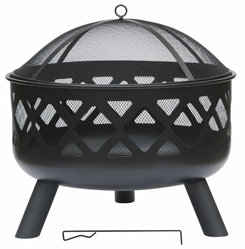 𝗟𝗔𝗥𝗚𝗘 𝗦𝗧𝗘𝗘𝗟 𝗢𝗨𝗧𝗗𝗢𝗢𝗥 𝗙𝗜𝗥𝗘 𝗣𝗜𝗧 𝗕𝗢𝗪𝗟 | Modern Black Steel Lattice Design with Mesh Cover | Safety Poker & Log Grate included