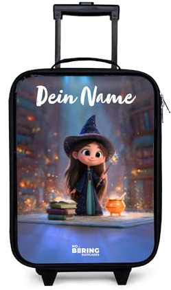 NoBoringSuitcases© Kinderkoffer Klein Personalisiert mit Name Reisekoffer | 48x31x19 cm - Kleiner Kinder Koffer mit LED Rollen Kindertrolley Zauberer - Buch