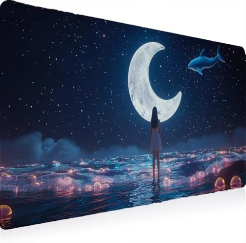 Tapis de Souris, Tapis Souris XXL 1200 x 600 Gamer Mousepad, Rubber Base en Imperméable, Grand Bureau Gaming Mouse Pad Bords Cousus Imperméable Antidérapant pour Bureau Domicile Lune Le Rêve W0G1-1071