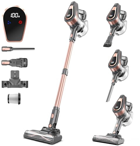 Aspirateur Balai sans Fil, 300W Aspirateur sans Fil Puissant, 45Min Autonomie, Brosse Anti-emmêlement, Batterie Amovible, Aspirateur sans Sac avec LED Écran pour Tapis Poils d'animaux Sol Dur(D)