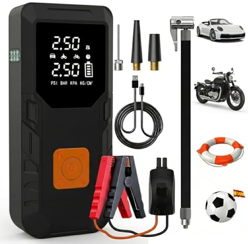 Junsun Arrancador de Baterías Coche 12V (Gasolina/Diésel) con 12000mAh Compresor Aire Portátil 150PSI, Power Bank 18W Carga Rápida, Inflador Neumáticos Coche con Linterna LED para Moto Pelotas