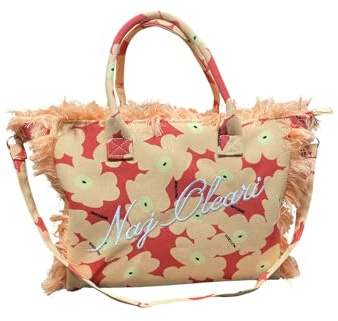 NAJ-OLEARI Borsa Mare con Frange, Fantasia Floreale, con Tracolla Rimovibile, 33x25x17 cm
