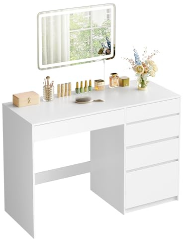 WOLTU 2-i-1 sminkbord med LED-belysning, justerbar ljusstyrka och färgtemperatur, sminkbord med rektangulär väggspegel, 5 lådor, 100x45x75 cm, för sovrum, vit