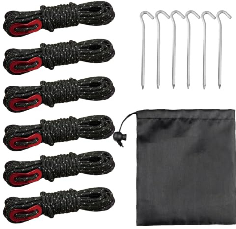 YSDINK Cuerdas reflectantes para tienda de campaña, paquete de 6 cuerdas tensoras de 4 mm de 4 m con tensores, cables guía duraderos con 6 clavijas de tienda de campaña para accesorios de campamento