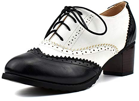 100FIXEO Women Block Heel Wingtip Oxford Shoes Vintage Chunky Heel Saddle Shoes (7, Black)