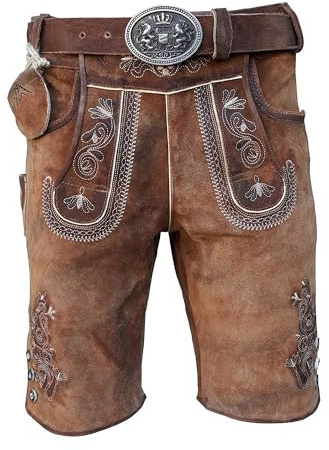 Alpenlife Kurze Herren Lederhose mit Gürtel, Braun, Speckig, Antik Look Büffel Leder, Oldtimer