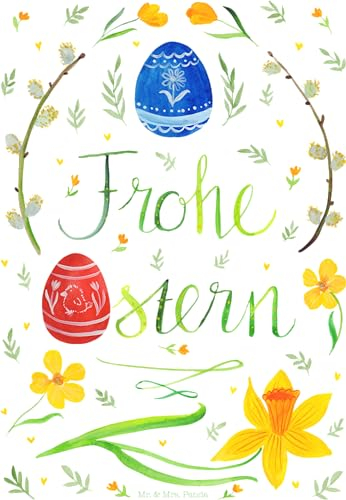 Mr. & Mrs. Panda Schild Ostern Frohe Ostern DIN A4 - Geschenk, Türschild, mit Spruch, wandhänger, Bemalte Ostereier, Holzschild, Ostergrüße, Familie, Osterblume, Osterei