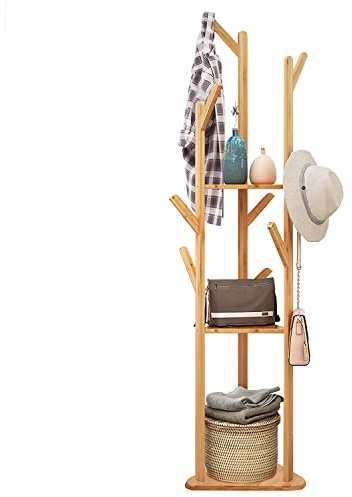 unho Bambus Kleiderständer Garderobenständer in Baumform mit 8 Haken/3 Ablagen Standgarderobe für Flur Büro Schlafzimmer Wartezimmer,für Kleidung Hüte Tasche