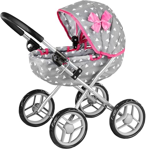 Kinderplay Puppenwagen – Leicht & stabil mit Aluminiumrahmen – Für Puppen bis 40 cm, Zuhause & Draußen – Faltbar mit Verdeck & Korb, Griffhöhe 54 cm – Grau