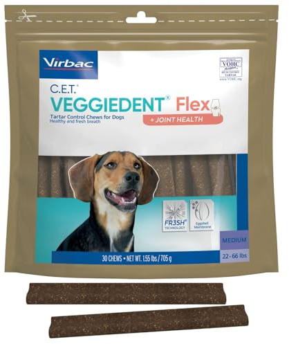 Virbac C.E.T.® VEGGIEDENT® Flex Tartar Control Chews for Dogs - Multifunctional to Support Joint Health, VOHC Approved - Medium 22-66lbs
