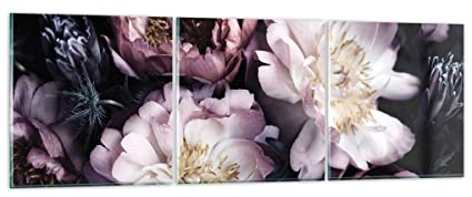 Mehrteilige Bilder auf Glas 120x40cm Glasbild Pfingstrosen Veilchen Blumen Groß Wanddeko Schlafzimmer Küche Set 3 teilige Wandbilder Dekoration Wohnzimmer Modern Wand Kunstdruck Art GCA120x40-5076