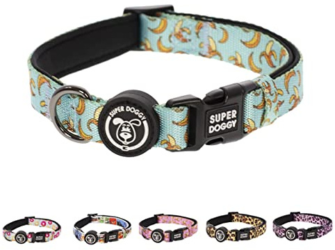 SUPER DOGGY Collar Perro Pequeño, Mediano y Grande - Collar Nylon Ajustable y Acolchado con Diseños de Moda - para Paseo, Entrenamiento y Correr - Ligero y Resistente (Blue Bananas, (M (33-55cm))