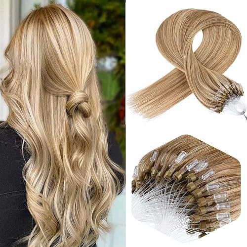 Micro Link Hair Extensions Highlights Ombre Color Hair Extensions Brown with Bleach Blonde #8/613 Micro Bead Extensions 14 0.5g/s 100s Microlinks Extensions