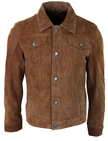 Blouson en Daim véritable pour Homme Style Veste en Jean Courte Biker Classique Vintage - Marron Clair XXL
