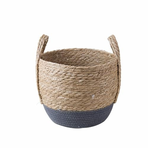 Eden & Willow Natural Straw Woven Plant Storage Basket, Home Organisation Hamper Basket with Handles (Grey, Medium)