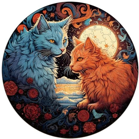 Blumuze Holzpuzzle Erwachsene 100Stück,Yin Yang Katze Holz Puzzle, Holzpuzzle Einzigartige Tierform Puzzleteile, Puzzle aus Tierteilen, Puzzle Holz Erwachsene mit Geschenkbox aus Holz S-8.4 * 8.4in