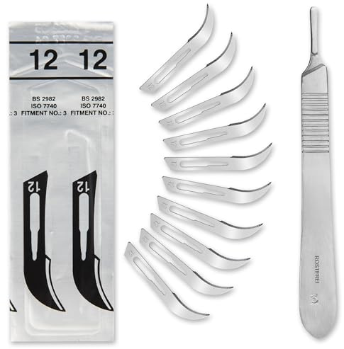 Set - 50 Stück sterile Skalpellklingen Figur 12 aus Karbonstahl - Ersatzklingen + 1 x Shehadeh - Skalpell-Halter - Edelstahl