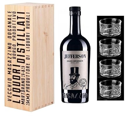 Jefferson Amaro importante 700 ml cassa legno originale e confezione 4 bicchieri 'Equilibrio' origionali Vecchio Magazzino Doganale - Migliore amaro al mondo 2018 idea regalo natale