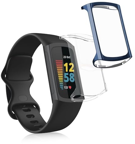 kwmobile Case Compatible with Fitbit Charge 6 / Charge 5 Case - 2x TPU Silicone Fitness Tracker Cover - Transparent/Dark Blue