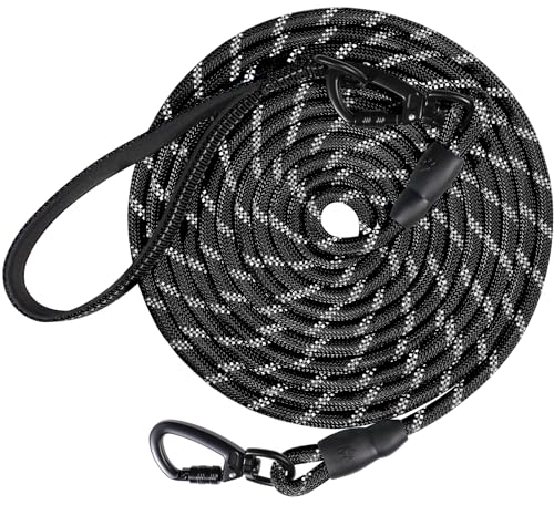 Joytale Schleppleine für Große Hunde, Starke Hundeleine für Große Mittlere Hunde, Reflektierende Schleppleine 5m 10m 15m 20m Lang Mit Gepolsterter Griff, Abschließbarer Karabine (Schwarz, 20m)
