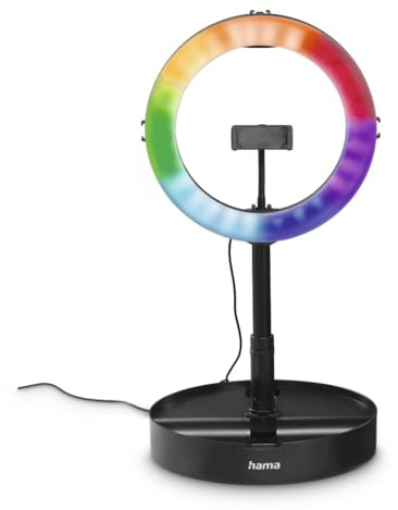 Hama LED RGB Ringlicht mit Stativ Handy faltbar, 10,2“, 26,5 cm Durchmesser | Ringleuchte schwarz, Tisch Stativ für die Kamera, ausziehbar bis 138 cm, dimmbares LED Tischringlicht, farbig, zum Einklappen