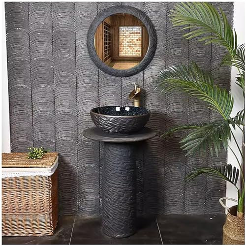 ZTGL Lavabo de Pedestal Tallado a Mano, Lavabo de pie de Cerámica para Baño, Lavabo sobre Encimera de Suelo para Guardarropa y Balcón, para Interiores y Exteriores,with Mirror