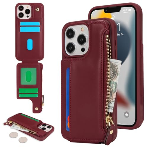 SailorTech för iPhone 12 Pro Max telefonfodral med kreditkortshållare för män, iPhone 12 Pro Max fodral med kreditkortsfack, plånbok med dragkedja för kvinnor – vinröd