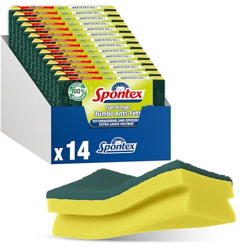 Spontex Jumbo Anti-Fett Topfreiniger, für große Flächen, mit fettabweisenden Recyclingfasern und Fussel Schutz, 14 Stück