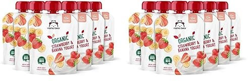 Amazon-Marke: Mama Bear Bio Zubereitung aus Joghurterzeugnis, Erdbeere, Banane und Joghurt, Vegetarian, 90g (6er-Pack) (Packung mit 2)