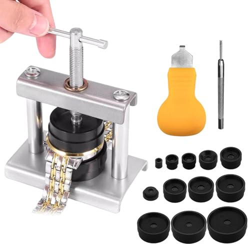 Laluky Set di pressa per orologio, strumento di sostituzione della batteria, chiusura dell'orologio con 12 matrici, meccanismo di precisione, per quadranti rotondi (dimensioni: 15 pezzi)