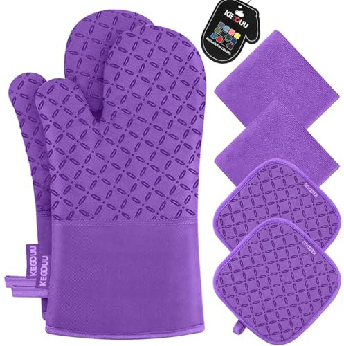 KEGOUU Oven Mitts and Pot Holders 6pcs Set, Kitchen Oven Glove High Heat Resistant 500 Degree Extra Long Oven Mitts and Potholder with Non-Slip Silicone Surface for Cooking (Purple)