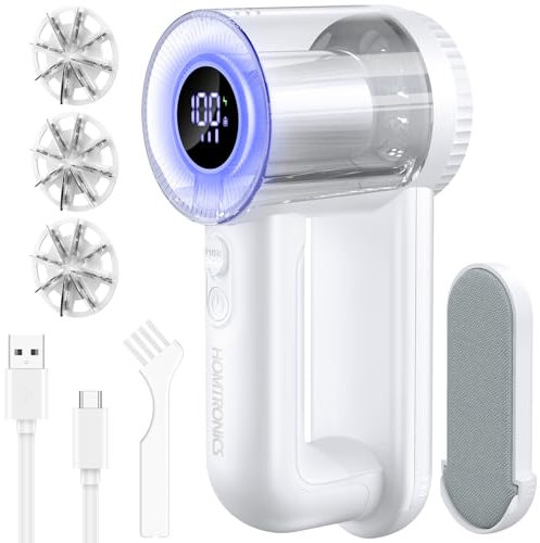 Homtronics Levapelucchi Elettrico, Togli Pelucchi Elettrico Ricarica USB, 3 Velocità Regolabili, Levapelucchi Elettrico Domestico con 3 Lame Sostituibile per Abbigliamento Lana Maglioni Tessuti,Bianco