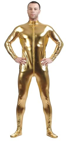 Herren Overall Metallic Ganzkörperanzug Langarm Body Silber Kostüm Sportlich Bodysuit Einteiler Gymnastikanzug Karneval Kostüme