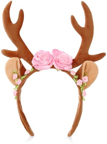 KarneLux Reh Haarreif Damen - Kostüm Accessoire für Karneval, Fasching oder Weihnachten - Rentier Geweih mit Ohren und Blumen