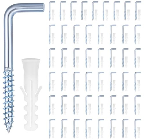50 crochets à vis galvanisés très résistants + Tubes d'expansion pour usage domestique,Crochet métallique bleu à angle droit, Anticorrosion et Durables,Peut être accroché à la au travail et au bureau.