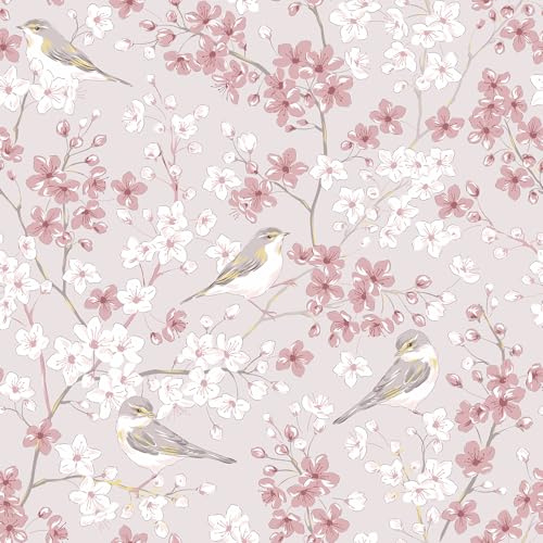 VEELIKE Papier Peint Fleuri Cerisier Rose Papier Peint Oiseaux et Fleurs Chinoiserie 44,5 cm x 300 cm Papiers Peints Floral Autocollants Décoratifs Chambre Salon Salle de Bain Adhesif pour Meuble