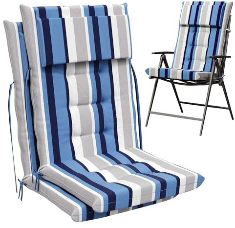 Amopatio Sitzauflagen Hochlehner 2er Set, Blaue Streifen Gartenstuhlauflagen Hochlehner, Sitzauflagen Gartenmöbel-120x50x8CM, UV Beständig Wasserdicht, für Gartenstühle und Klappstühle