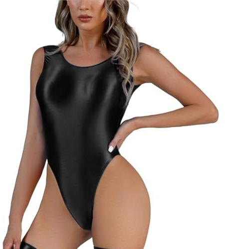 Women's Shiny Glossy Leotard, Sexy Sleeveless Crew Neck High Cut One Piece Bodysuit, Low Back Solid Sparkle Dance Jumpsuit, Slim Fit Mesh See Through Leotard for Training Swimwear Yoga Gym Workout
