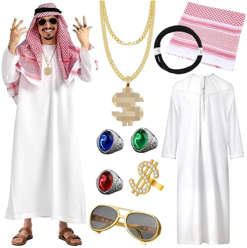 NlsqEU Scheich Kostüm Herren, Araber Kostüm, Cosplay Kostüm Weißes Arabisches Gewand mit Kopftuch Halsketten Sonnenbrillen Finger Ring für Karneval, Party, Cosplay