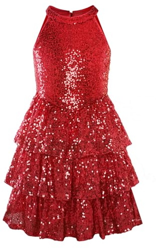 GRACE KARIN Kids Mädchen Neckholder Pailletten Kleid Cut-Out Schulter Dreischichtiger Rot 12 Jahre