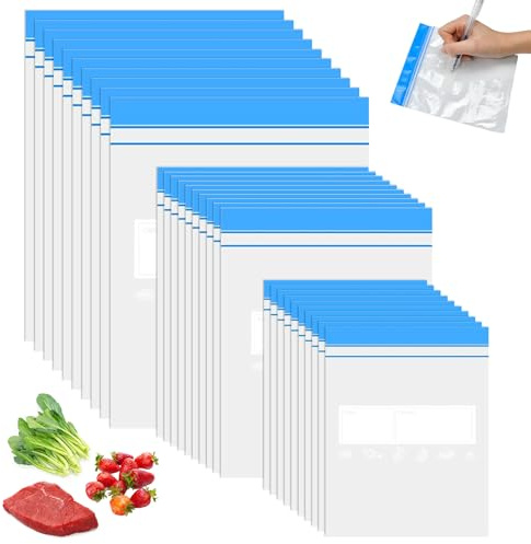 WEFHEF 70 Pcs Sac Congélation Zip Réutilisable 3 Tailles, Sachet Alimentaire Transparent, Pochette Zippée Alimentaire, Sachet Congélation Anti-Chaleur et Refermable, pour Légumes Fruits Noix Viande