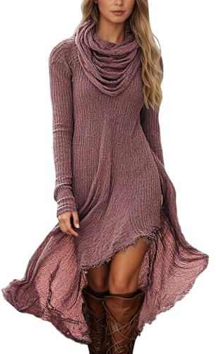 Generisch Robe en tricot pour femme avec grand col cascade - Robe pull à manches longues avec ourlet asymétrique - Robe d'automne bohème décontractée pour les journées fraîches, L