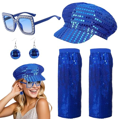 YOUYIKE Disco Accessoires Damen, Stulpen Discokugel Ohrringe Sonnenbrille Pailletten Hut 70 80er Jahre Glitzer Outfit für Fasching Karnevalskostüm Silvester (Blau)