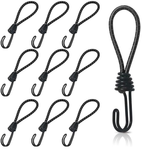 10 Pieces Black Elastic Straps with Hooks 16cm Tensioner Bungees | Tensioner Bungees with Plastic Hooks Tarpaulin Tensioner Cords Bungee Straps Camp Rubber Rope for Tent, Trailer, Camping Tarp