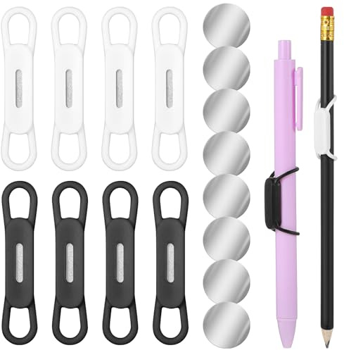 WJIAAA 8 Pcs Magnetic Pen Holder, Silicone Adjustable Pen Holder for Fridge Whiteboard Desk Teacher Supplies, Includes 8 Magnetic Clips (Black White)