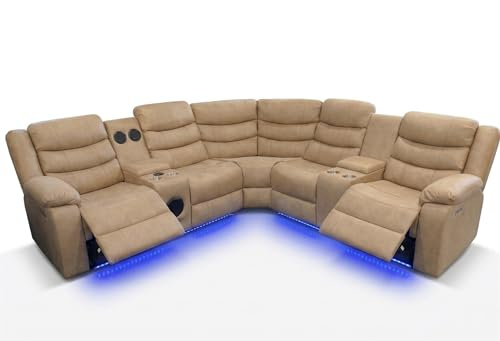 Madrid Techronic Leather Like Electric Recliners Corner Sofa With Cupholders - Bluetooth Speakers/Wireless Charging/LED Lights/USB Charging Ports/Storage (Beige)