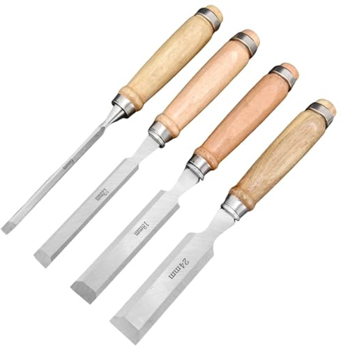 4 Pack Wood Chisel Set, Chisel Set with Wooden Handles, Hand Woodworking Tools(6mm, 12mm, 18mm, 24mm) for Woodworking, Wood Carving and Sculpting