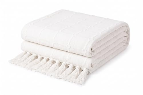 EHC Throws for Sofas, Settee Throws covers 3 or 4 Large Seater Sofa, Cotton Bedspread Bed Blanket, 254 x 279cm, Ivory
