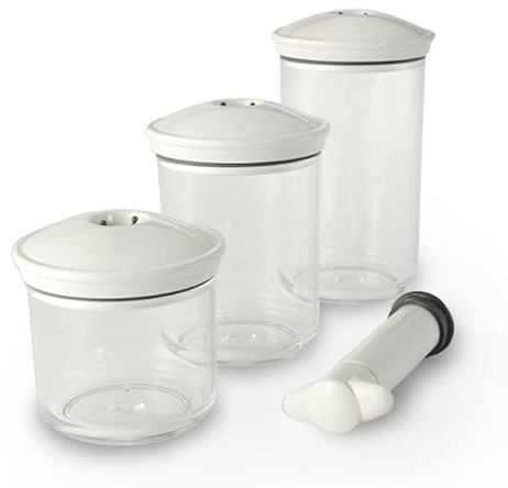 FranquiHOgar Juego de recipientes para envasar al vacio con bomba de vacío (3 piezas) Vacus, 1 envase pequeño (50 cl), 1 envase mediano (70 cl), 1 envaso grande (1 l)