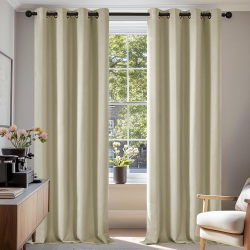 Deconovo Vorhänge Verdunkelnd Thermovorhang Hitzeschutz Curtain Beige | 2er Set, H220 x B140 cm, Verdunklungsgardine, Thermovorhang, Sichtschutz, UV-Schutz, mit Ösen, für Schlafzimmer,für Büro